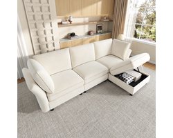 Modulair bankstel - vrij combineerbaar - L-vormige hoekbank met opbergpoef - wolkenzacht zitcomfort - 2 kussens - 4 zitplaatsen - beige