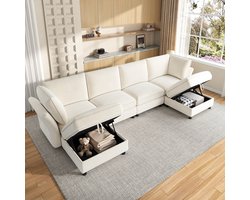 Modulair bankstel - vrij combineerbaar -L/U-vormige hoekbank met opbergpoef - wolkenzacht zitcomfort - 6 zitplaatsen - beige
