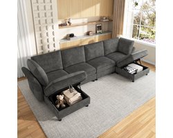 Modulair bankstel - vrij combineerbaar - L/U-vormige hoekbank met opbergpoef - wolkenzacht zitcomfort - 6 zitplaatsen - grijs