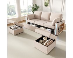 Modulair U/L-vormige bank - poef met opbergruimte - LED-verlichting - met drankjehouder - USB/Type-C-poort - grote lade - kussens - beige