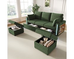 Modulair U/L-vormige bank - poef met opbergruimte - LED-verlichting - met drankjehouder - USB/Type-C-poort - grote lade - kussens - groen