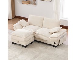 Modulaire 2-zits corduroy bank (met voetenbank) – brede zitting, ergonomisch ontwerp, vulling van schuim met hoge dichtheid, USB-C-poort en zijvakken. Ideaal voor de woonkamer, het kantoor of de lounge. Beige.