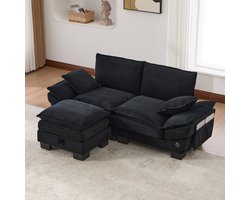 Modulaire 2-zits corduroy bank (met voetenbank) – brede zitting, ergonomisch ontwerp, vulling van schuim met hoge dichtheid, USB-C-poort en zijvakken. Ideaal voor de woonkamer, het kantoor of de lounge. Zwart