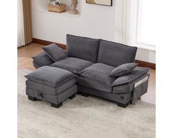 Modulaire 2-zits corduroy bank (met voetenbank) – brede zitting, ergonomisch ontwerp, vulling van schuim met hoge dichtheid, USB-C-poort en zijvakken. Ideaal voor de woonkamer, het kantoor of de lounge. Donkergrijs