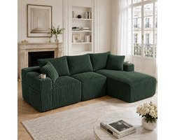 Modulaire 3-Zitsbank Ribstof - Beige Chaise Longue Sofa Met 5 Kussens En Bekerhouder
