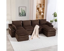 Modulaire 4-zits Corduroy Bank (met voetenbank),4-Zits Bank U-Bank – incl. kussens en 2 zijvakken, 3-laags Schuim + Veringkern voor Snelle Terugvering. Vrij combineerbaar – Ideaal voor Woonkamers, Kantoren en Meer,Bruin