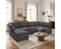 Modulaire 6-Zits Hoekbank – Corduroy Lounge Bank Met Slaapfunctie, Opbergvakken En Kussens – U-Bank Of L-Bank – Grijs – Voor Woonkamer