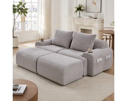 Modulaire bank 2-zits met 2 hockers - Khaki en lichtgrijs corduroy - Vrij te combineren modules, inklapbare bekerhouder en opbergtas - Ruim zitvlak, moderne tweekleurige stofstructuur - Geschikt voor woonkamer, familiekamer en lounge
