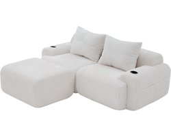 Modulaire bank 2-zits met hockers - Beige corduroy - Vrij te combineren modules, inklapbare bekerhouder en opbergtas - Ruim zitvlak, moderne stofstructuur - Geschikt voor woonkamer, familiekamer en lounge