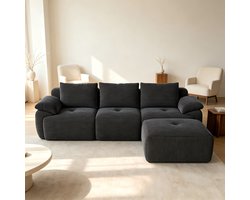 Modulaire bank-3-zits bank - woonkamer bank – L-vormige bank met hocker en kussens - modern corduroybank - kleine woonkamer - zwart - 264x161x71 cm