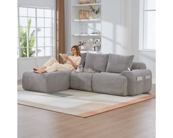 Modulaire bank 3-zits met hockers - Lichtgrijs corduroy - Vrij te combineren modules, inklapbare bekerhouder en opbergtas - Ruim zitvlak, moderne stofstructuur - Geschikt voor woonkamer, familiekamer en lounge