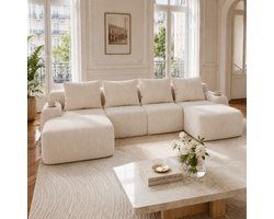 Modulaire bank 4-zits met 2 hockers - Beige corduroy - Vrij te combineren modules, inklapbare bekerhouder en opbergtas - Ruim zitvlak, moderne stofstructuur - Geschikt voor woonkamer, familiekamer en lounge