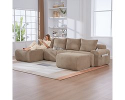 Modulaire bank 4-zits met 2 hockers - Khaki corduroy - Vrij te combineren modules, inklapbare bekerhouder en opbergtas - Ruim zitvlak, moderne stofstructuur - Geschikt voor woonkamer, familiekamer en lounge