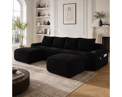 Modulaire bank 4-zits met 2 hockers - Zwart corduroy - Vrij te combineren modules, inklapbare bekerhouder en opbergtas - Ruim zitvlak, moderne stofstructuur - Geschikt voor woonkamer, familiekamer en lounge