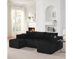 Modulaire Bank - L-Vormige Hoekbank Met Beweegbare Ottomanen - 3-Zits Sofa Met Corduroy Stof En Bekerhouders - Schuim/Zwart - Zijzakken En Kussens - Woonkamer En Hotel Sofa