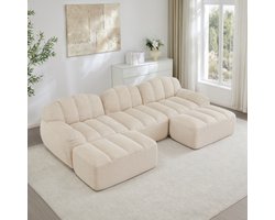 Modulaire bank met 3 zitplaatsen – inclusief 2 voetenbankjes – bank zonder frame met 32D-schuim van hoge dichtheid – geschikt voor de woonkamer en appartementen – antislipontwerp – zachte bekleding – beige