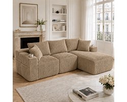 Modulaire bank met chaise longue en 2-zitsbank - flexibel samen te stellen voor woonkamer, appartement en studio - 3-4 personen - diverse kleuren - zachte corduroy bekleding - drankhouders en opbergvakken - 5 kussens, geen montage nodig