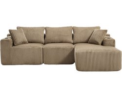 Modulaire bank set met chaise longue & 2-zitsbank, zacht koeiedoek, met 5 kussens, zijzakken & drankhouders, hoogdicht schuim, DIY-combinatie, ideaal voor woonkamer, appartement & studio-Khaki