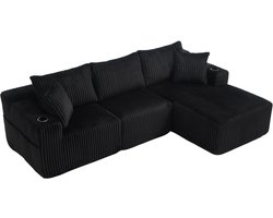 Modulaire bank set met chaise longue & 2-zitsbank, zacht koeiedoek, met 5 kussens, zijzakken & drankhouders, hoogdicht schuim, DIY-combinatie, ideaal voor woonkamer, appartement & studio-Zwart