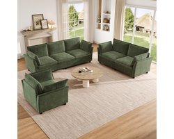 Modulaire Bankset, 3-2-1 Bankcombinatie, Vrij Combineerbaar, Woonkamerbank, Chenille Stof, 3-Zitsbank + 2-Zitsbank + Fauteuil, Inclusief Kussens, Zacht Gestoffeerd, Cloud Comfort, Modern Design-Groente