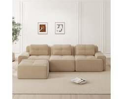 Modulaire driezitsbank van corduroy - L-vormige hoekbank met slaapfunctie en voetenbank - geen montage nodig - corduroy stof - 293 x 177 x 69 cm - combineerbare loungebank voor de woonkamer - beige