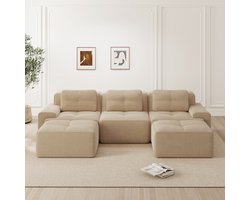 Modulaire driezitsbank van corduroy - U-vormige hoekbank met slaapfunctie en voetenbank - geen montage nodig - corduroy stof - 293 x 177 x 69 cm - combineerbare loungebank voor de woonkamer - beige