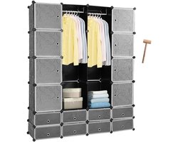 Modulaire Garderobekast met 16 Vakken en Deuren - Zwarte Opbergkast Systeem - 180x142 cm