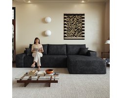 Modulaire Hoekbank - 270 cm L Bank Met Chaise Longue - Frameloze Ribstof Sofa Met Diepe Zit En Zachte Schuimvulling - Compressie Bank Zonder Montage - Moderne 3 Zits Bank Voor Woonkamer Appartement - Zwart