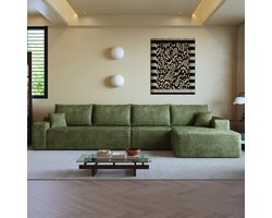 Modulaire Hoekbank 340 cm - 4 Zits Lounge Bank Met Chaise Longue - Ribstof Bank Met Diepe Zit - Zachte Wolkenbank Zonder Montage - Moderne Loungebank Voor Woonkamer - Groen