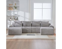 Modulaire Hoekbank 4-zits Corduroy Lichtgrijs – U Bank & L-vorm Lounge Bank met 2 Hockers, Bekerhouder en Opbergtas – Moderne Bank voor Woonkamer