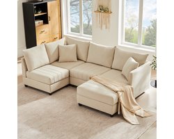 Modulaire Hoekbank 5-zits met Overschakelbare Voetenbank - L-vorm & U-vorm, Katoen-Linnen Stof, Geschikt voor Woonkamer & Appartement