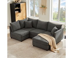 Modulaire Hoekbank 5-zits met Overschakelbare Voetenbank - L-vorm & U-vorm, Katoen-Linnen Stof, Geschikt voor Woonkamer & Appartement