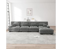 Modulaire hoekbank, L-vormige bank set voor woonkamer, 4-zits comfortabele cloud banken met verrijdbare ottomane, DIY-combinatie, chenille, donkerrijs
