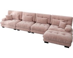 Modulaire hoekbank, L-vormige bank set voor woonkamer, 4-zits comfortabele cloud banken met verrijdbare ottomane, DIY-combinatie, chenille, roze