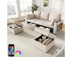 Modulaire Hoekbank Met LED Verlichting - U/L Vormige Bank Met Opbergruimte, USB-C, Bekerhouder En 2 Opbergkrukken - 5-Zits Ribstof Sofa Voor Woonkamer - Beige