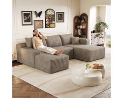 Modulaire Hoekbank - Ribstof Cloud Sofa 4-Zits Camel - L-vorm Lounge Bank Met Diepe Zit, Zachte Schuimvulling En Geen Montage Nodig - Comfortabele Woonkamer Bank Voor Moderne Interieurs