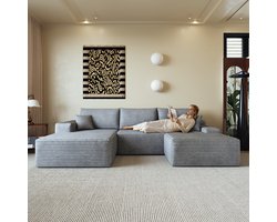 Modulaire Hoekbank - Ribstof Cloud Sofa 4-Zits Met Chaise Longue - Frameloze L-Vormige Lounge Bank Met Diepe Zit Zonder Montage Voor Woonkamer Grijs