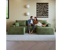 Modulaire Hoekbank - Ribstof L Vorm Lounge Bank Met Chaise Longue - 4 Zits Cloud Sofa Met Diepe Zit - Compact Verpakt Zonder Montage - Comfortabele Bank Voor Woonkamer, Slaapkamer En Appartement - Groen