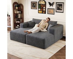 Modulaire Hoekbank - Ribstof Lounge Sofa Met Chaise Longue - 2-Zits Cloud Bank Zonder Frame - Comfortabele Diepe Zitbank Met Schuimvulling - Opvouwbare Sofa Bed Voor Woonkamer Appartement - Donkergrijs