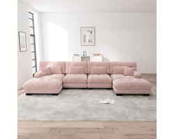Modulaire hoekbank, U-vormige bank set voor woonkamer, 4-zits comfortabele cloud banken met beweegbare ottoman, DIY-combinatie, chenille, roze