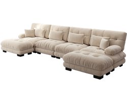 Modulaire hoekbank, U-vormige bankset voor de woonkamer, comfortabele 4-zits cloudbanken met verplaatsbare voetenbank, doe-het-zelfcombinatie, chenille, lichtbruin