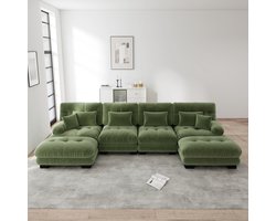 Modulaire hoekbank - U-vormige woonkamerbank - 4-zitsbank - met hocker - met lendenkussen en sierkussen - groen