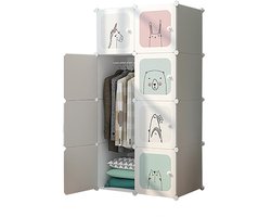 Modulaire Kinderkast met 8 Cubes - Kledingkast met Kledingroede & Deurtjes - Opbergsysteem voor Speelgoed en Kleding - Vrolijk Dierenmotief - DIY Kast voor Kinderkamer