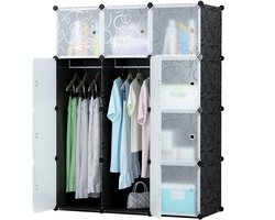 Modulaire Kledingkast 12 Vakken – DIY Opbergsysteem – Met Hanggedeelte & Legplanken – Zwart met Patroon – Waterproof & Antistof