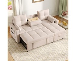 Modulaire L-Vorm Slaapbank - Met Uittrekbaar Bed, Opbergruimte En Uitschuifbare Cupholders - Beige - Converteerbare Hoekbank Met Slaapfunctie