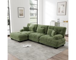 Modulaire L-vormige bank met slaapfunctie - Woonkamer - 4-6 persoons - Groen - Zachte chenille stof, diepe zit - Inclusief ottoman en kussens - Geen montage, geen frame