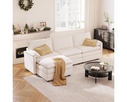 Modulaire L-Vormige Hoekbank met Opbergruimte & Kruk – Luxe 4-Zits Slaapbank met Comfortabele Rugleuning, Moderne Ruimtebesparende Designbank voor de Woonkamer – Wit (255×116 cm) –