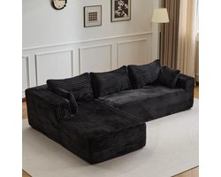 Modulaire L-vormige Slaapbank - Corduroy Ribstof - Modulaire Hoekbank 2-Zits - Hoge Draagkracht 400 kg - Combinatiebank Tweezits + Loungedeel - 279x179x83cm - Duurzaam & Ondersteunend - Zwart