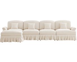 Modulaire mid-century L-vormige 4-zits bank van chenille met trechter armleuningen, afneembare ruches rok, spoelvormige poten & verrijdbare ottomane – Diepe zitcomfort voor de woonkamer, wit