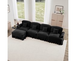 Modulaire mid-century L-vormige 4-zits bank van chenille met trechter armleuningen, afneembare ruches rok, spoelvormige poten & verrijdbare ottomane – Diepe zitcomfort voor de woonkamer, zwart